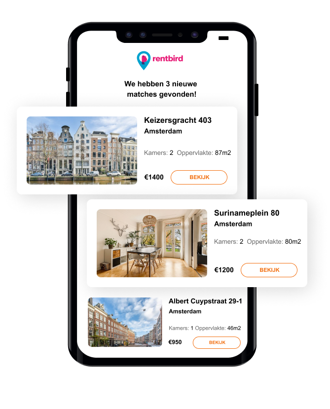 Telefoon met Rentbird woningmatch emails.
